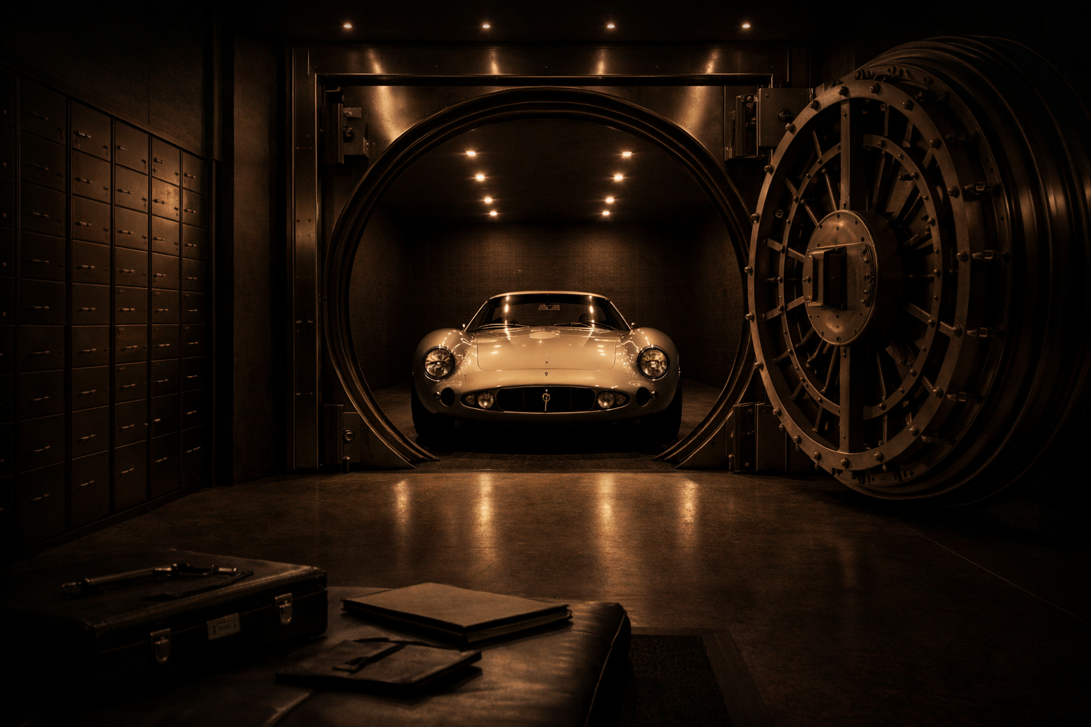Vintage sports car parked inside a large open bank vault room with dim lighting.